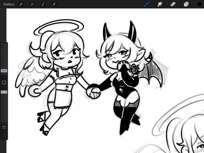 Little pin up-esque angel devil jeanlisa doodle that i might clean up bc it turned out cute 😭😭 