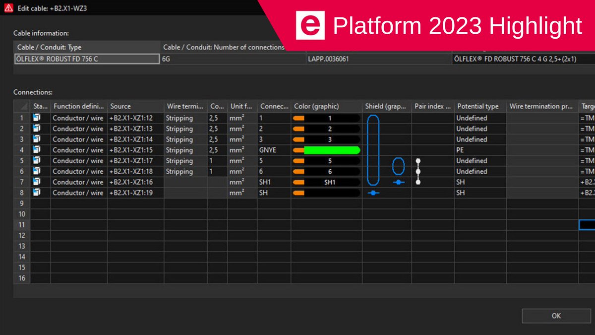EPLAN_global's tweet photo. #NewFeatureFriday | Cable editor for cable and wire management

The new cable editor in Platform 2023 makes it easier to manage cables as all information is graphically displayed in a single dialog box. 
Find out more: https://t.co/tY0HkZOkfN https://t.co/fejNKm58c1