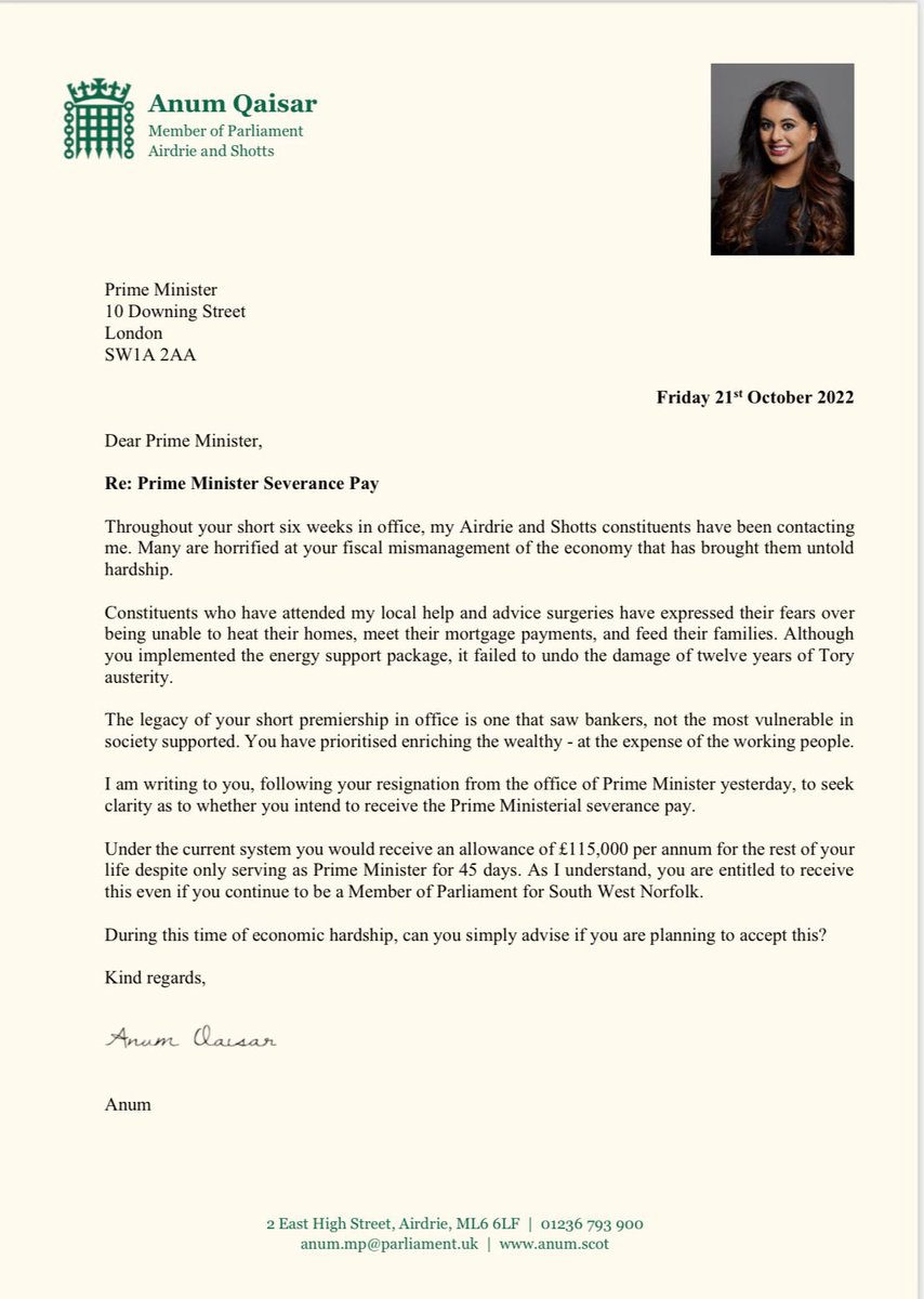 📝 I’ve written to Liz Truss - asking if she’ll accept her severance pay 💰 As former Prime Minister - who was in office for 45 days - she’ll be entitled to £115k for rest of her life ❌ This is morally indefensible as people struggle to heat their homes + put food on the table