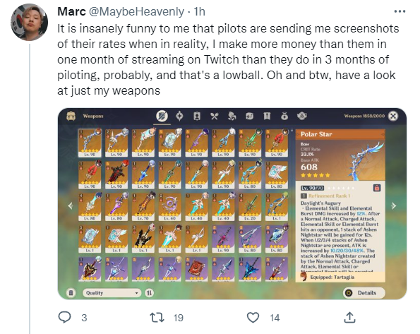 snshneju's tweet photo. First of all, gaining money from streaming and gaining money from piloting are two different things. Second, we earn by grinding materials and working hard for people. You on the other hand earn from people's donations and both aren't bad at all. https://t.co/41ghEjv3AN