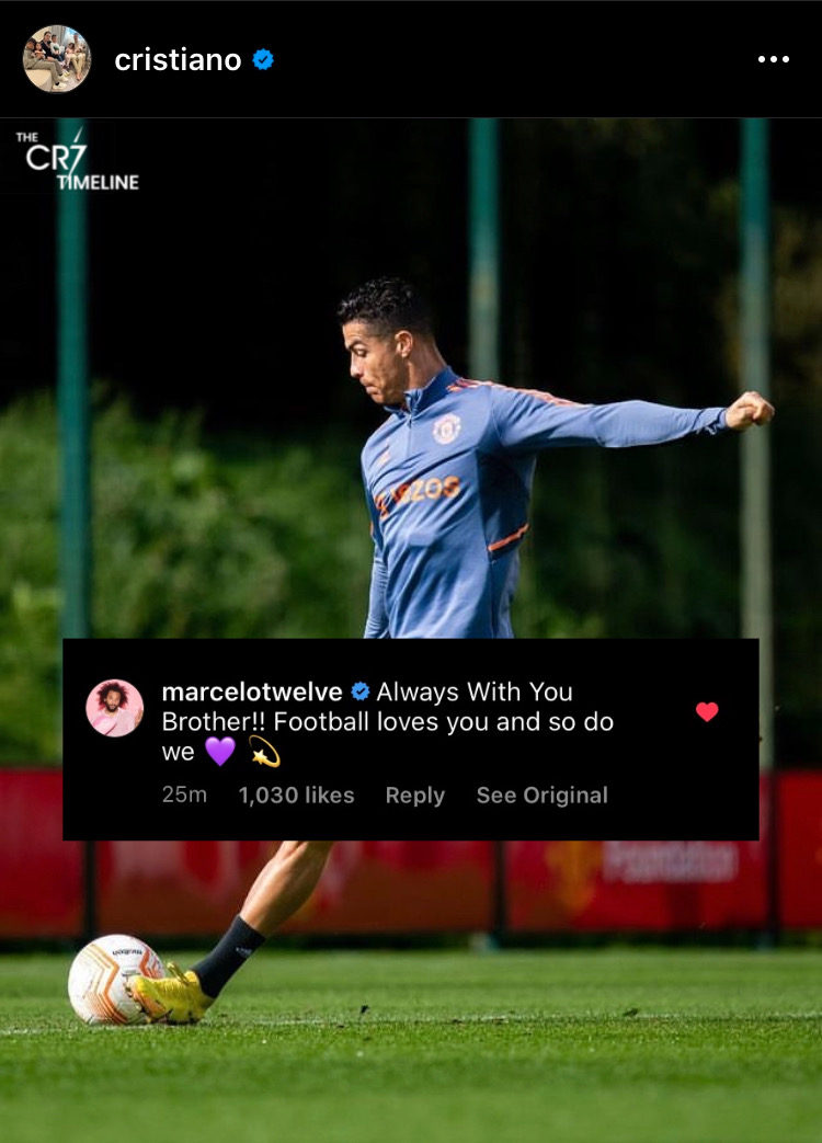 TimelineCR7's tweet photo. Marcelo’s comment on Cristiano Ronaldo’s Instagram post.❤️ https://t.co/KkCxBgQm5i