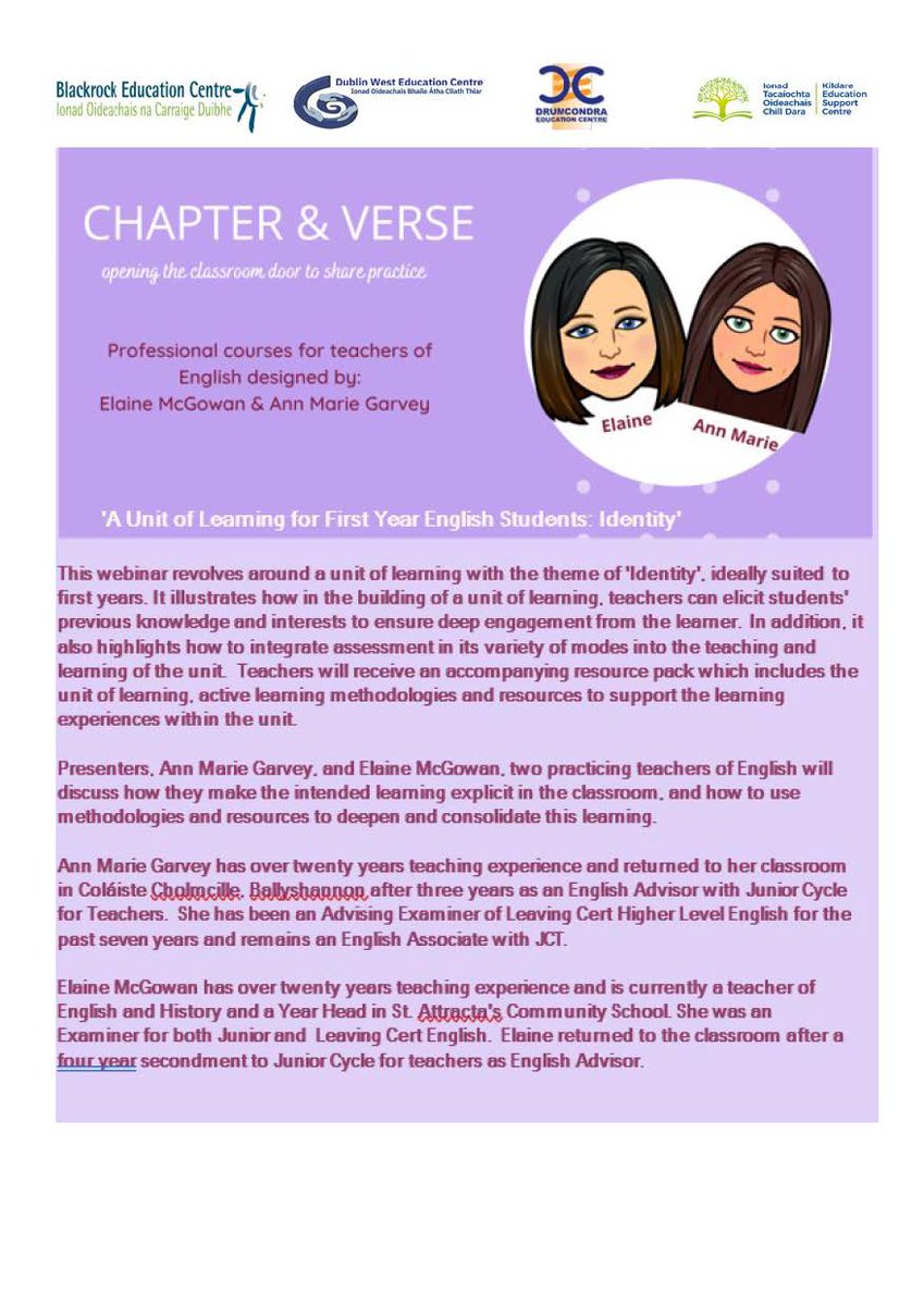 This will be a great webinar for teachers of First Year Students. Oct 24th at 7pm online. A resource pack will be made available to those attending. 22LC 10 032 - A Unit of Learning for First Year English Students: Identity blackrockec.ie/cpd-courses-2/…