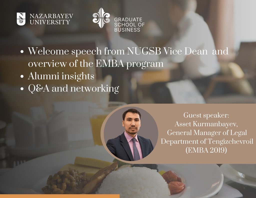 NUGSB's tweet photo. Nazarbayev University Graduate School of Business invites you to a special event - "Business Breakfast" at the Renaissance Hotel Atyrau to meet and chat with the Deputy Dean of Research at NUGSB, Venkat Subramanian and alumni of our Executive MBA (EMBA) program. https://t.co/E4pSeqYffo