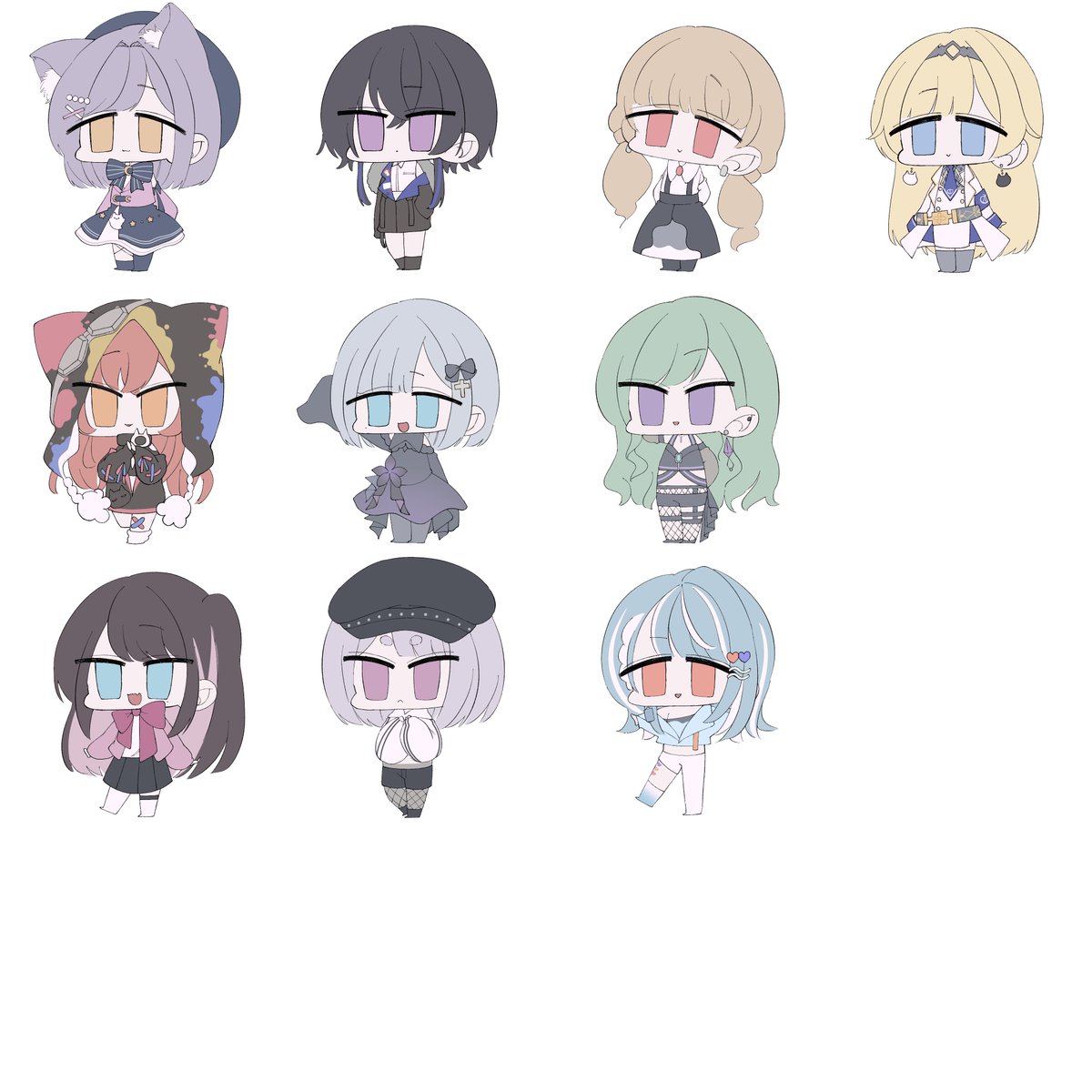 multiple girls 6+girls chibi green hair orange eyes hood hat  illustration images