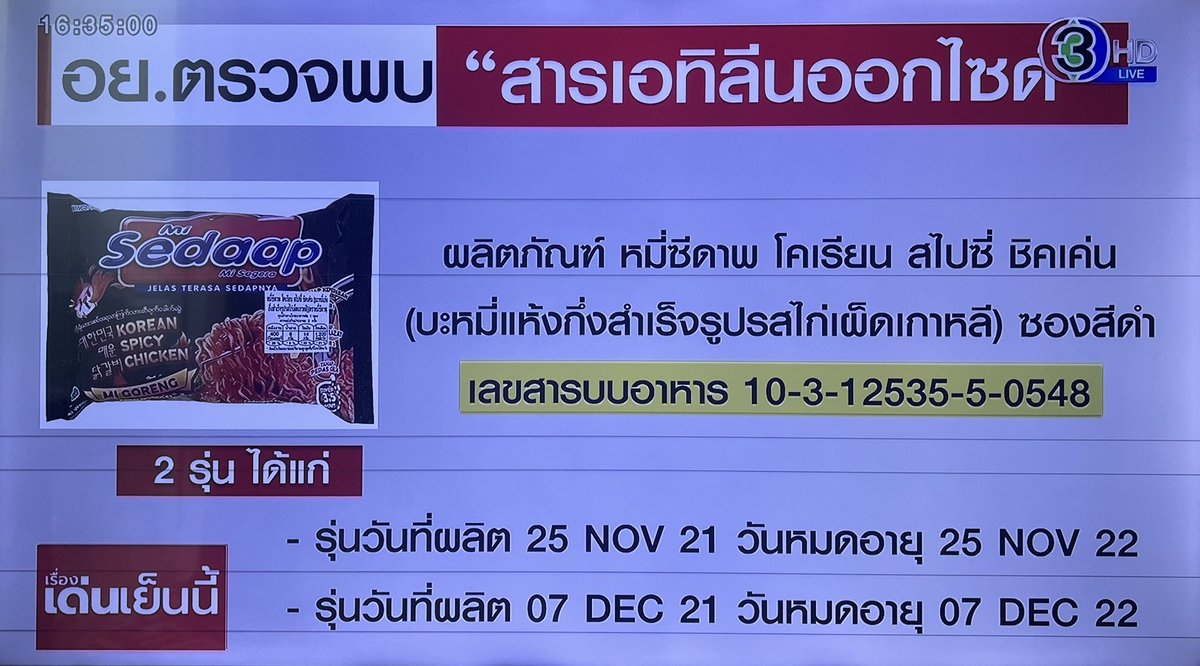 fortunelovedog's tweet photo. อย. ประกาศตรวจพบ สารเอทิลีนออกไซด์(สารปนเปื้อนยาฆ่าแมลง) ในบะหมี่ยี่ห้อ Sedaap (บะหมี่แห้งสำเร็จรูปรสไก่เผ็ดเกาหลี) ตรวจพบ 2 ���ุ่นเลยอ่ะ แล้วแบบนี้คนซื้อกินไปเท่าไหร่แล้วอ่ะ https://t.co/0TPPiRCwVm