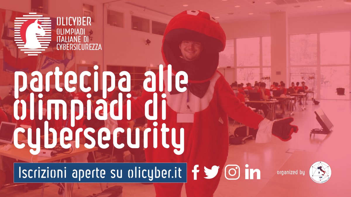 OliCyberIT's tweet photo. 👾 Partecipa alla nuova edizione di OliCyber, le Olimpiadi Italiane di Cybersicurezza organizzate da @CyberSecNatLab. Non è solo un gioco.
🔗 https://t.co/VGIqgxzMw6
🗓️ Scadenza: 15 dic 2022
#olicyber #OCIT22 #cybersecurity https://t.co/hpUdwwM3E2