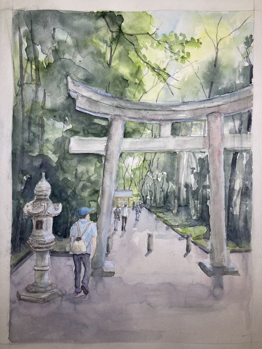 ⭐️今日の一枚 スケッチ風?早描き.2 8月に参拝した豊川市砥鹿神社をPC画面から手数少なめ.勢い優先で早描き。人物難しいです😅　出不精な爺さんのスケッチ練習です(笑) vifArt F6+ホルベイン透明水彩 #Watercolor #水彩画 #風景画 #透明水彩 #landscape #アナログの本気