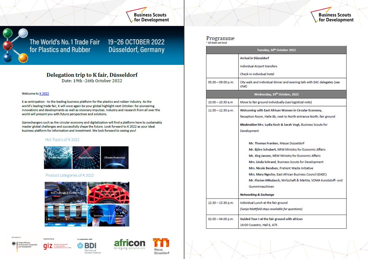 East African companies <a href="/K_tradefair/">K Trade Fair</a>. #BSfD in cooperation with <a href="/Der_BDI/">BDI</a> and
 <a href="/africonltd/">africon GmbH</a> #K2022 #KTradefair #MesseDuesseldorf and many more #NRWWirtschaftsUndKlimaschutz #kunststoffland <a href="/VDMAonline/">VDMA</a> #CircularEconomy  #innovation #digitalization #recycling <a href="/giz_gmbh/">GIZ</a>