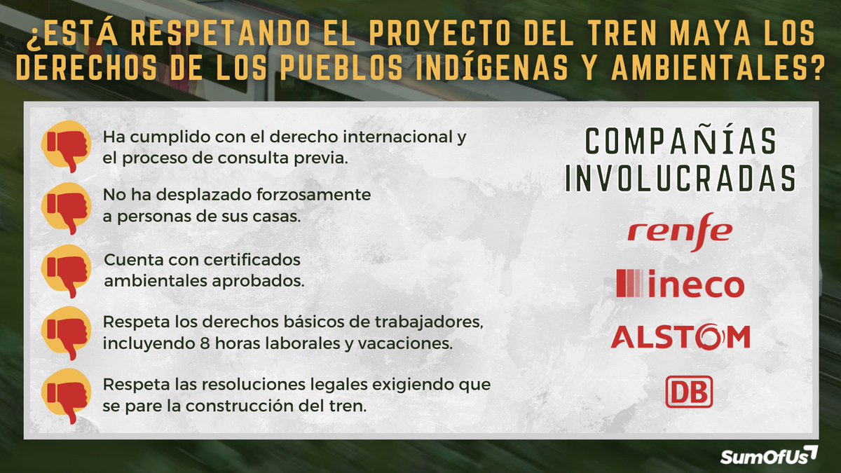 Evaluamos el <a href="/TrenMayaMX/">Tren Maya</a>... y tiene muy mala pinta: ¡<a href="/Renfe/">Renfe</a> <a href="/Ineco_es/">Ineco</a> <a href="/DB_Bahn/">Deutsche Bahn Personenverkehr</a> <a href="/Alstom/">Alstom</a> son cómplices de graves violaciones de derechos humanos!
#AlertaConElTren