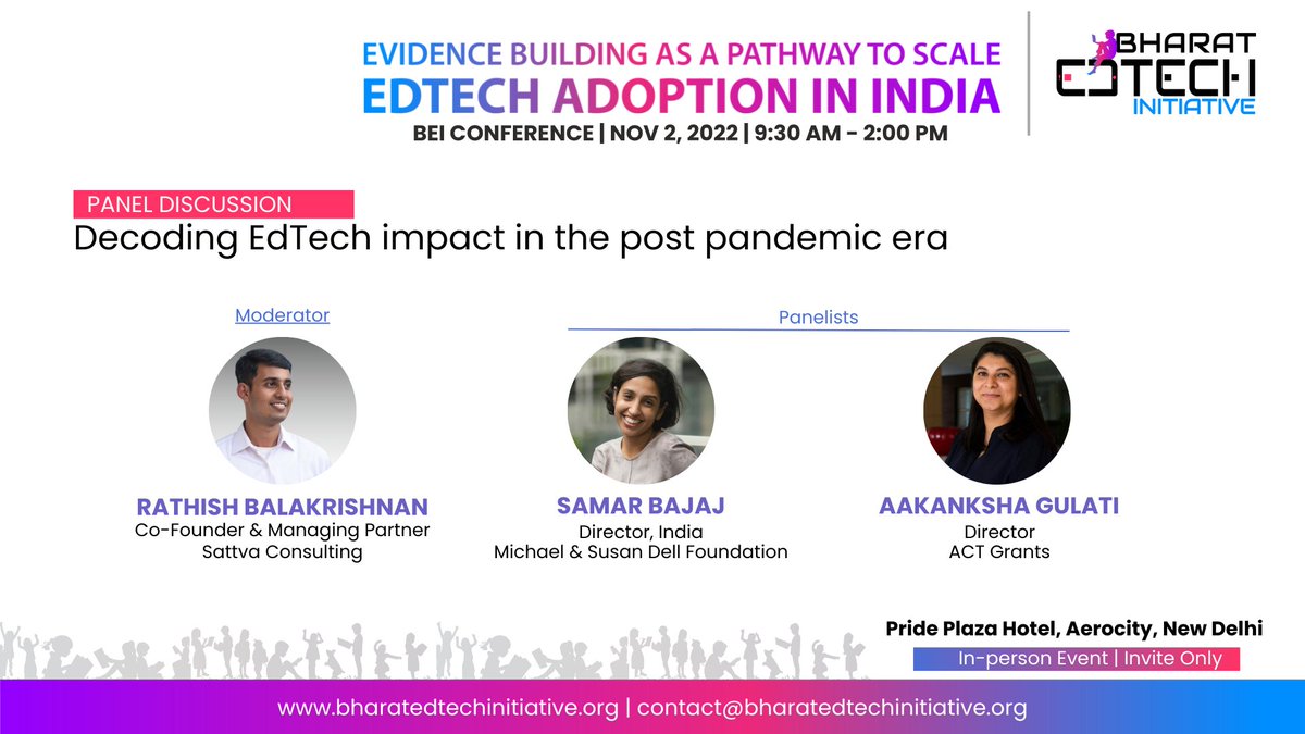 EdtechBharat's tweet photo. Our speakers for the 2nd panel will focus on "Decoding #EdTech impact in the post #pandemic era" during the #BEIConference on Nov 2nd. The panel includes Rathish Balakrishnan (@_sattva), Samar Bajaj (@DellFdn) and Aakanksha Gulati (@actgrants). Follow us for more updates. https://t.co/rxlfcUM2qu