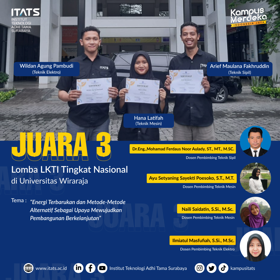kampusitats's tweet photo. [PRESTASI ITATS]
Institut Teknologi Adhi Tama Surabaya kembali menoreh prestasi dari Lomba Karya Tulis Ilmiah Tingkat Nasional. Berkolaborasi dengan 3 jurusan yaitu Teknik Elektro, Teknik Mesin dan Teknik Sipil, Kampus ITATS berhasil meraih JUARA 3. https://t.co/4PHypEVIcP