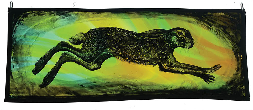 Shapeshifter (hare)
Painted stained glass 40.8 x 16cm
Tamsin Abbott

A fabulous piece, and the only one left, in our Mythical Landscapes exhibition which has been co-curated with Tamsin Abbott.

A wonderful exhibition with some extraordinary artists.
In the gallery and online.