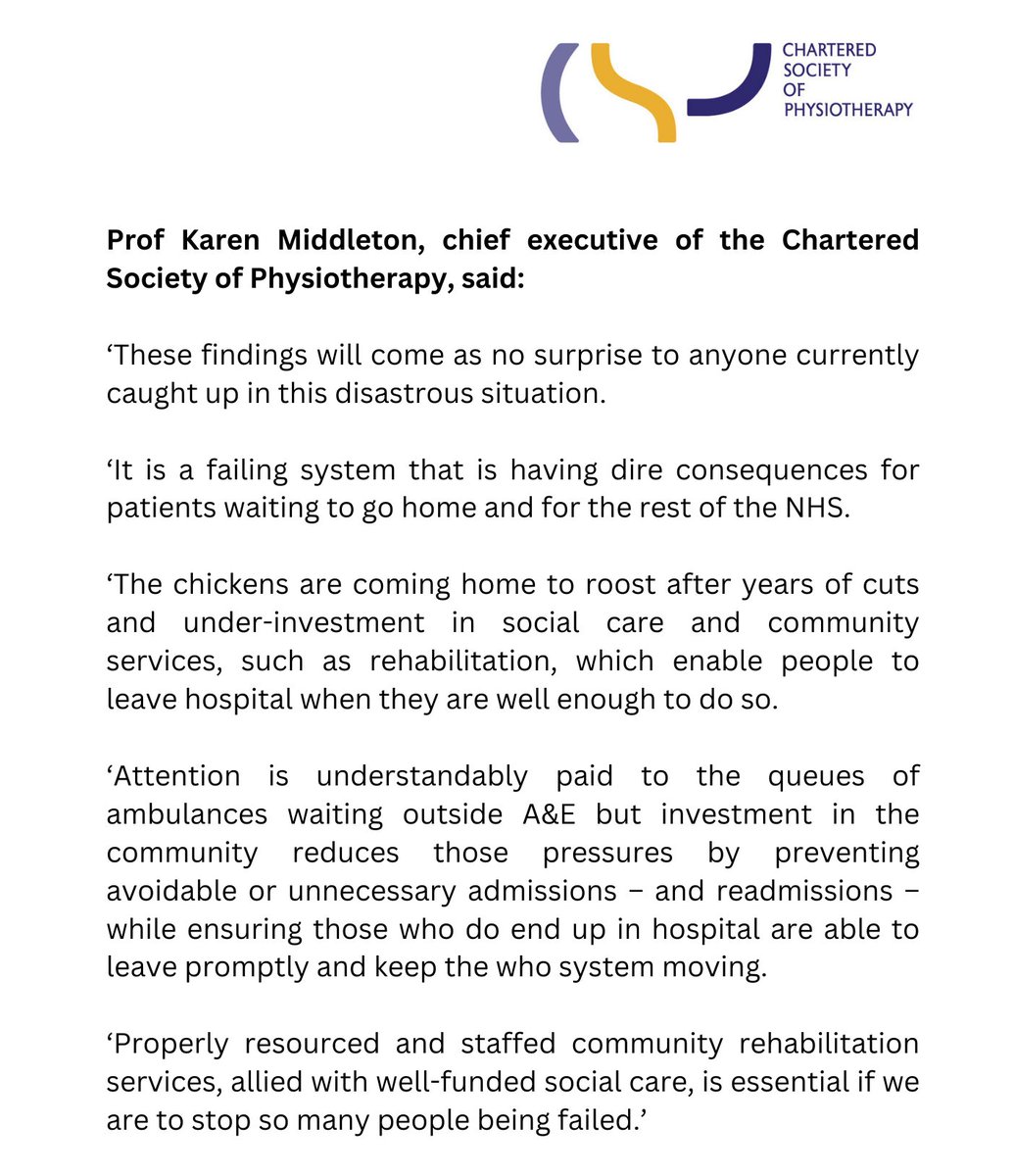 Chartered Society of Physiotherapy (CSP) (@thecsp) on Twitter photo ‘These findings will come as no surprise to anyone currently caught up in this disastrous situation'.
Our response to the <a href="/CareQualityComm/">Care Quality Commission</a>'s #StateOfCare report which found a 'gridlocked' health and care system which is unable to operate effectively. ‘These findings will come as no surprise to anyone currently caught up in this disastrous situation'.
Our response to the <a href="/CareQualityComm/">Care Quality Commission</a>'s #StateOfCare report which found a 'gridlocked' health and care system which is unable to operate effectively.