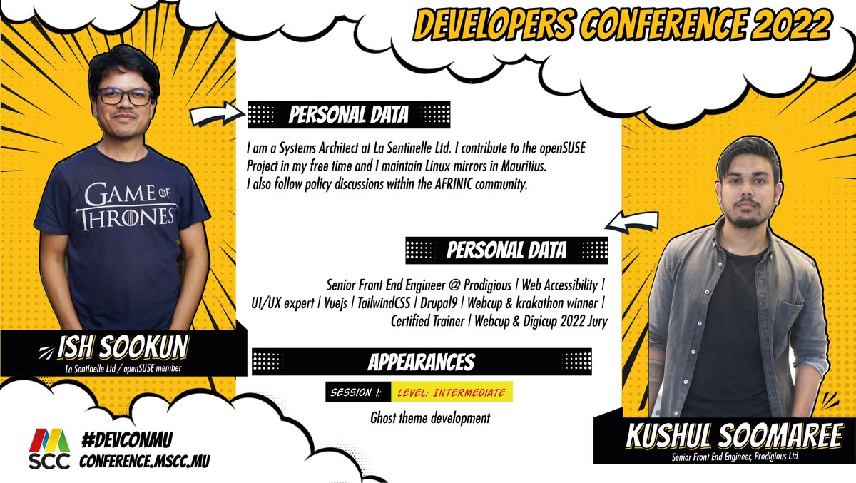 Join Ish and Kushul for their session - Ghost theme development and learn some quick techniques that can be used to create beautiful blogs using Ghost.
Register on: forms.gle/5JuiNzzYJzCGNY…
conference.mscc.mu
#devconmu #developers #conference #mauritius