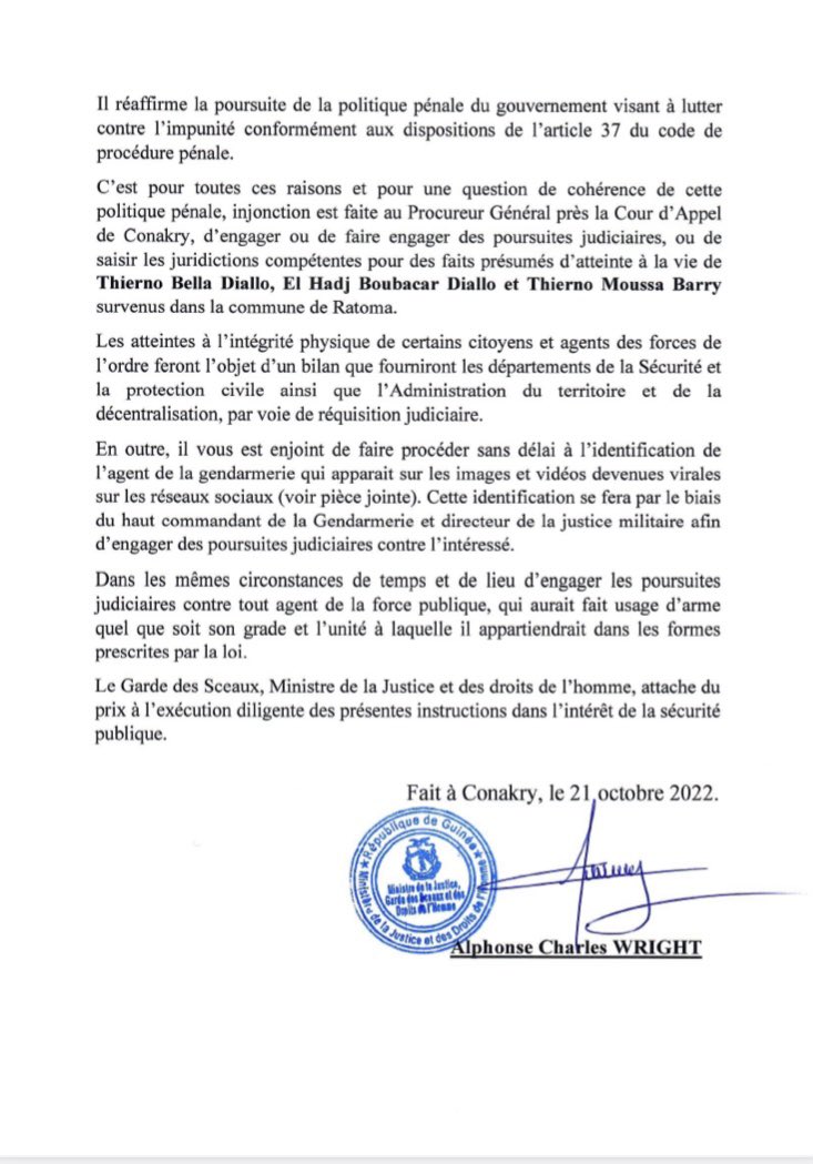 📌 COMMUNIQUÉ DU MINISTÈRE DE LA JUSTICE ET DES DROITS DE L’HOMME AUX FINS DE POURSUITES JUDICIAIRES RÉSULTANT DES MANIFESTATIONS VIOLENTES DU 19 AU 20 OCTOBRE 2022