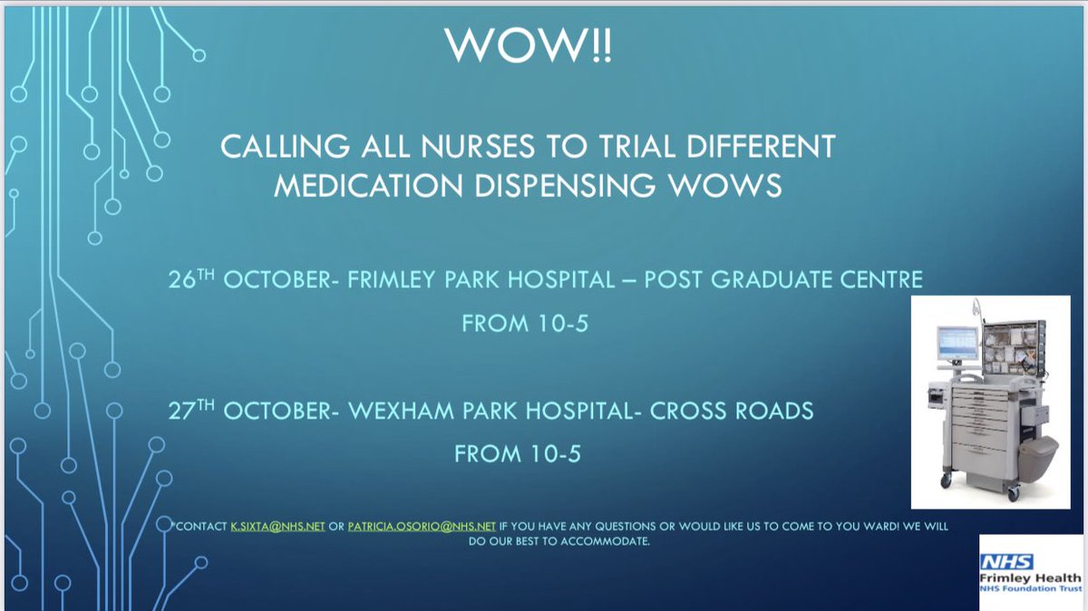 FHFT… We have an exciting opportunity to trial Medication Dispensing Wows (workstation on wheels). We would love your feedback and input on which one would work best for your ward and why. We hope to see you there!! @PatriOsorio7 @informaticsFHFT @DigitalFHFT @clinedFHFT