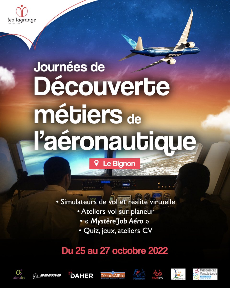 LL_Ouest's tweet photo. [ÉVÉNEMENT]
Du 25 au 27 octobre, plusieurs 10e de jeunes sont attendus pour découvrir les métiers de l'aéronautique au #Bignon
Avec @BoeingFrance, @LeoLagrange, #Alphaléo, @hubleo3, @decouvairte95, @FFVolenPlaneur, @DAHER_official, #missionlocalevignoblenantais https://t.co/7x4W7A3vLw