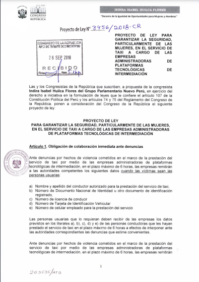 M_Belleza's tweet photo. Entre 2017 y 2018 se presentaron 5 Proyectos de Ley en el @congresoperu q se consolidaron en un dictamen q buscaba regular servicio de taxi por aplicativo para garantizar seguridad de mujeres. Uno de ellos de @IndiraHuilca. El Ejecutivo lo OBSERVÓ y Congreso lo ARCHIVÓ. https://t.co/gd2E5uOIMj