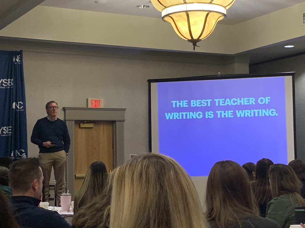 “The best teacher of writing is the writing.” One of Kelly Gallagher’s golden nuggets at #NYSEC22 ⁦@nysec_tweets⁩