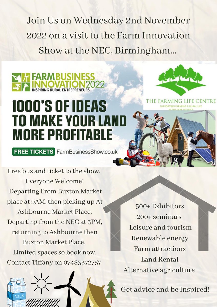 We have a free bus going to The Farm Innovation Show on 2nd November… Great for exploring diversification ideas 👌 Spaces are limited so book now if you would like to join us! Picking up at Buxton and Ashbourne Market Places.. Contact Tiffany on 07483372757.