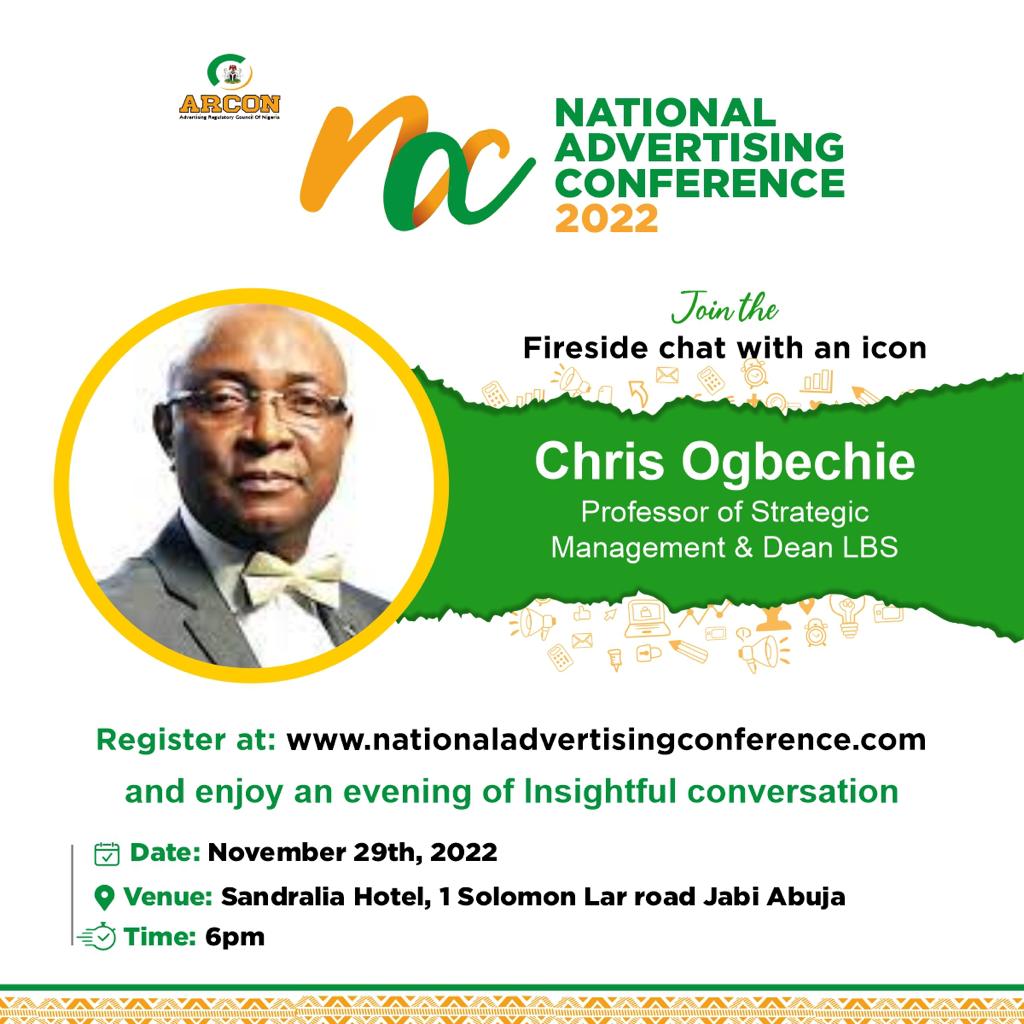 NAC_2022's tweet photo. Join us in our interactive session with an icon Chris Ogbechie - the professor of  strategic management, to discuss and proffer solutions to Advertising and marketing challenges. 

Date: November 29th 
Venue: Sandralia Hotel, 1 Solomon Lar road Jabi, Abuja
Time: 6pm https://t.co/F7Y2WxpviD