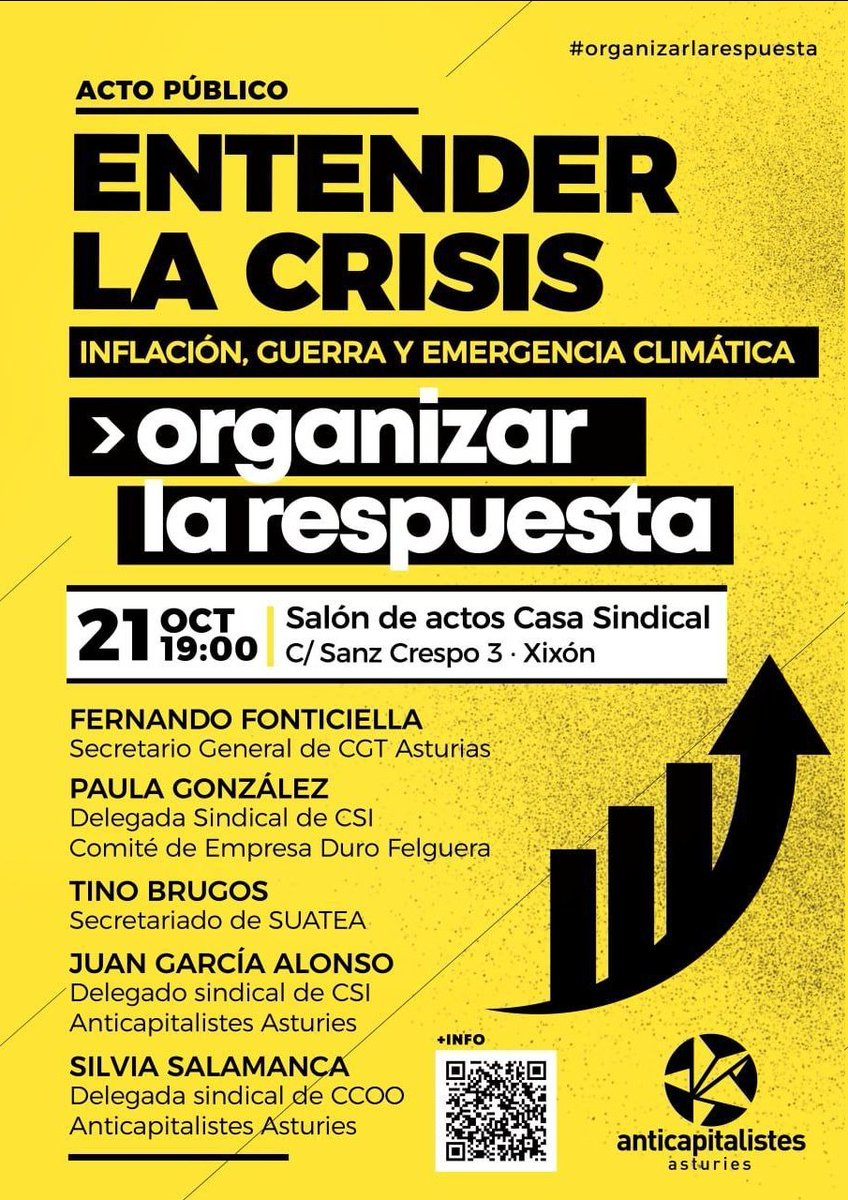💥Ante la inflación, la guerra y la emergencia climática, es imprescindible entender la crisis para organizar la respuesta del conjunto de la clase trabajadora. 👥 Arrancamos la campaña esta tarde en #Xixón (#Asturies) con @cgtasturias, @csiasturies_, @SUATEA y @CCOOdeAsturias👇🏾