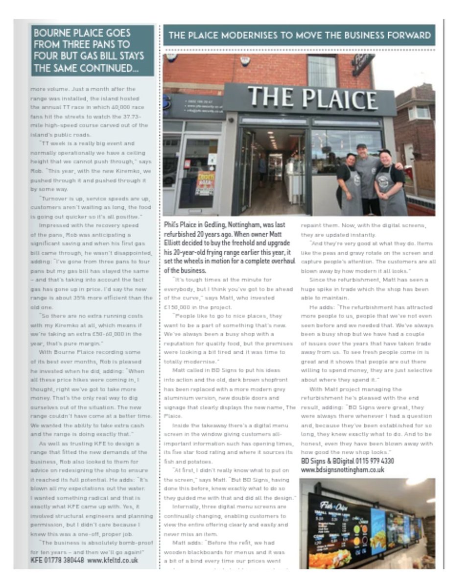 Spotlight on The Plaice in Gedling and our fabulous signs in this month's @Fry_Magazine!

It's fabulous to hear that the refurbishment has attracted more people to the business, read online here: online.flippingbook.com/view/608217911…

#fishandchips #fishandchipshops #menudisplays #digitalmenus