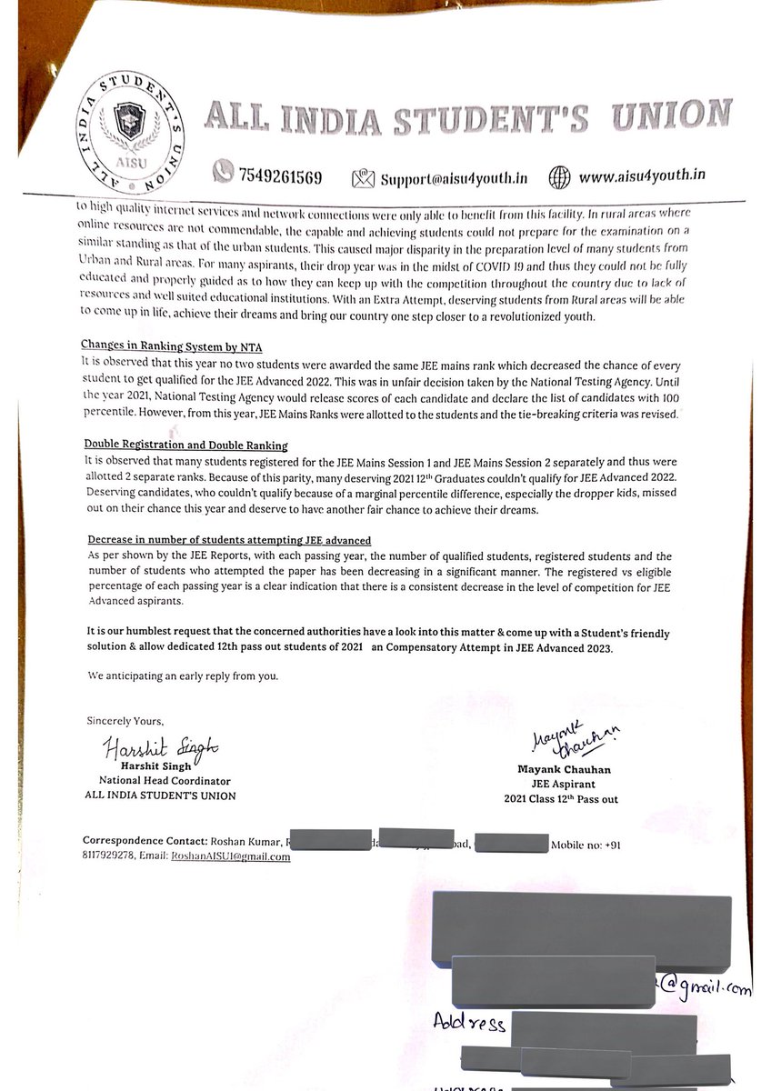 Representation has been submitted by @MAYANKC47436231 (JEE aspirant) on behalf of all JEE aspirants to Chairperson, <a href="/cbseindia29/">CBSE HQ</a>, Member of JEE Apex Board(JAB).

It's our kind request to the authorities to consider JEE Aspirants genuine concerns.
#JEEAdv2023For2021Passouts