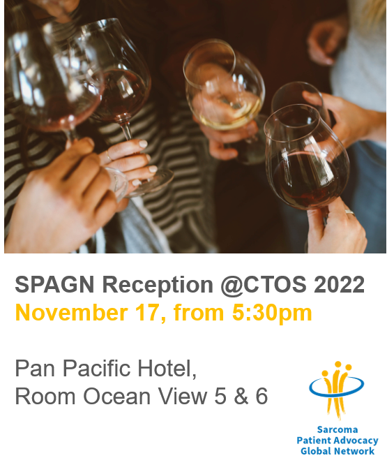 SPAGN Reception @CTOS22 Please join us for a relaxed gathering of patient representatives Nov 17, from 5:30pm, PanPacific Hotel, room OceanView 5&6. This is open for anyone interested in meeting with patient advocates. More info: bit.ly/CTOS22 @ctosociety #sarcoma