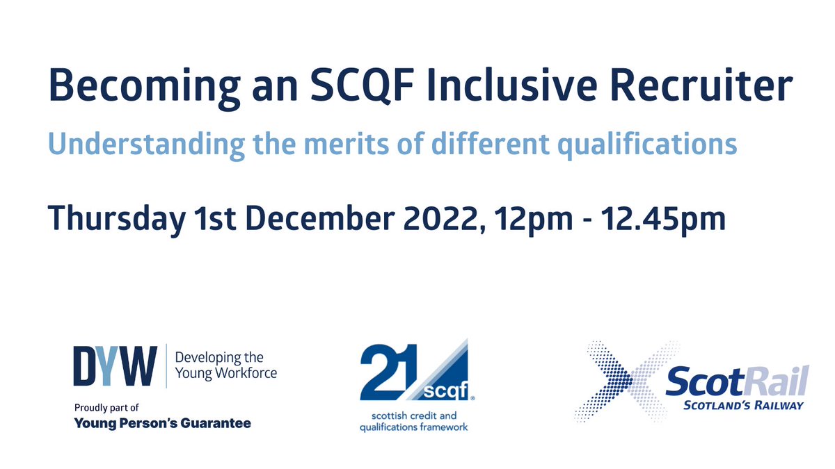 Learn more about the SCQF Inclusive Recruiter Programme as well as hearing from @ScotRail about their experience as an Inclusive Recruiter and how this is working for them in this free online session on 1st December bit.ly/3ENN778 #RecognisingSkills