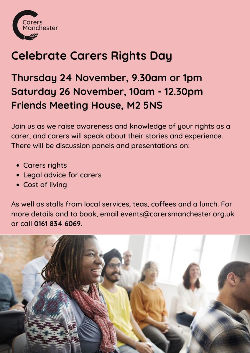 Join us as we celebrate #CarersRightsDay2022 at <a href="/FriendsMtgHouse/">Friends' Meeting House Manchester</a> on Thursday 24 &amp; Saturday 26 November.

There will be guest speakers. stalls. refreshments &amp; more.

carersmanchester.org.uk/events/month/2…

<a href="/CarersUK/">Carers UK</a> @McrCarers <a href="/CarersForumMCR/">CarersForumMCR</a>