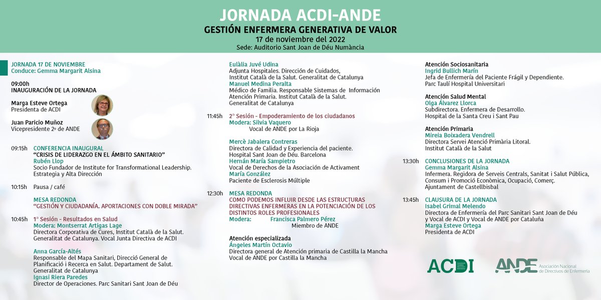 Infermeres_ACDI's tweet photo. Espectacular jornada sobre gestió infermera. No te la pots perdre!

📅 17 de novembre
🕘 09h a 14h
📍 Auditori Sant Joan de Déu Numància
🔸Socis ACDI/ANDE: 85€ - No socis: 105€ (places limitades)

Envia la sol.licitud de reserva a: y.cantero@torrespardo.com (Yasmina Cantero) https://t.co/FjXbCTssUC