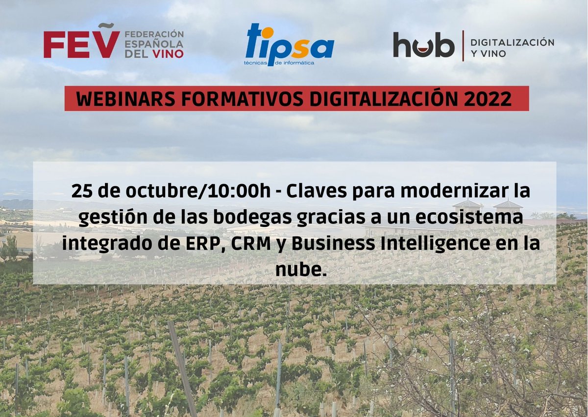 🍇 💻 El #Hub de #Digitalización y vino de la @FEV_Vino continúa sus webinars enfocados a la digitalización este próximo lunes ofreciendo las claves para modernizar la gestión de las bodegas de la mano de @TipsaSL . ¿Te interesan? ¡No dudes en inscribirte!⤵️