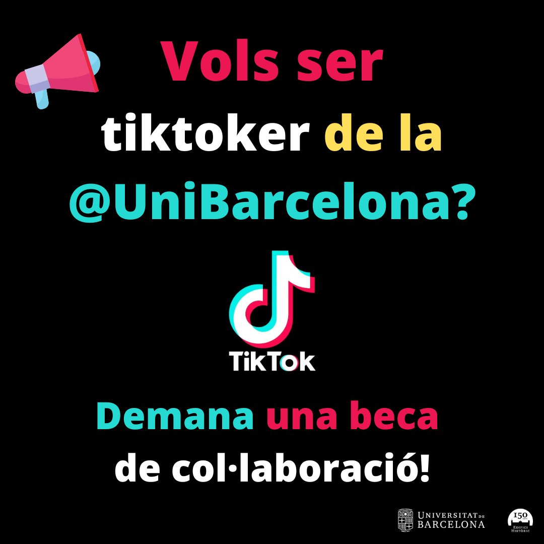 #EstudiantsUB | 📢 Vols ser tiktoker de la #UniBarcelona? 🤩

🔝🎉 Hem convocat 3⃣ beques de col·laboració per ser tiktoker del perfil oficial de #TikTok de la Universitat. 

🗓️ Tens temps per demanar la beca fins al 10 de novembre! 

😋 Què esperes? 👉ub.edu/beques/col.lab…