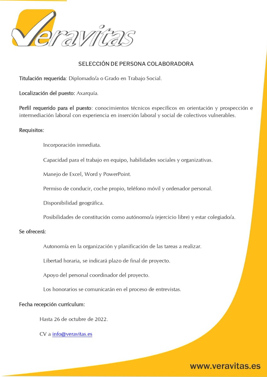 Veravitas tiene en perspectiva un apasionante proyecto de inserción laboral y social. Necesitamos una persona para su ejecución. Esperamos que sea de tu interés nuestra propuesta