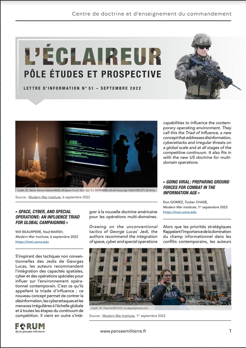 #Publication📚⎮Le pôle études et prospective du @CDECAdT vous présente le dernier numéro de l’Éclaireur, notre lettre de veille prospective s'intéressant à l'évolution du combat aéroterrestre.  

▶️Retrouvez-le dès à présent sur : fr.calameo.com/read/005141509…