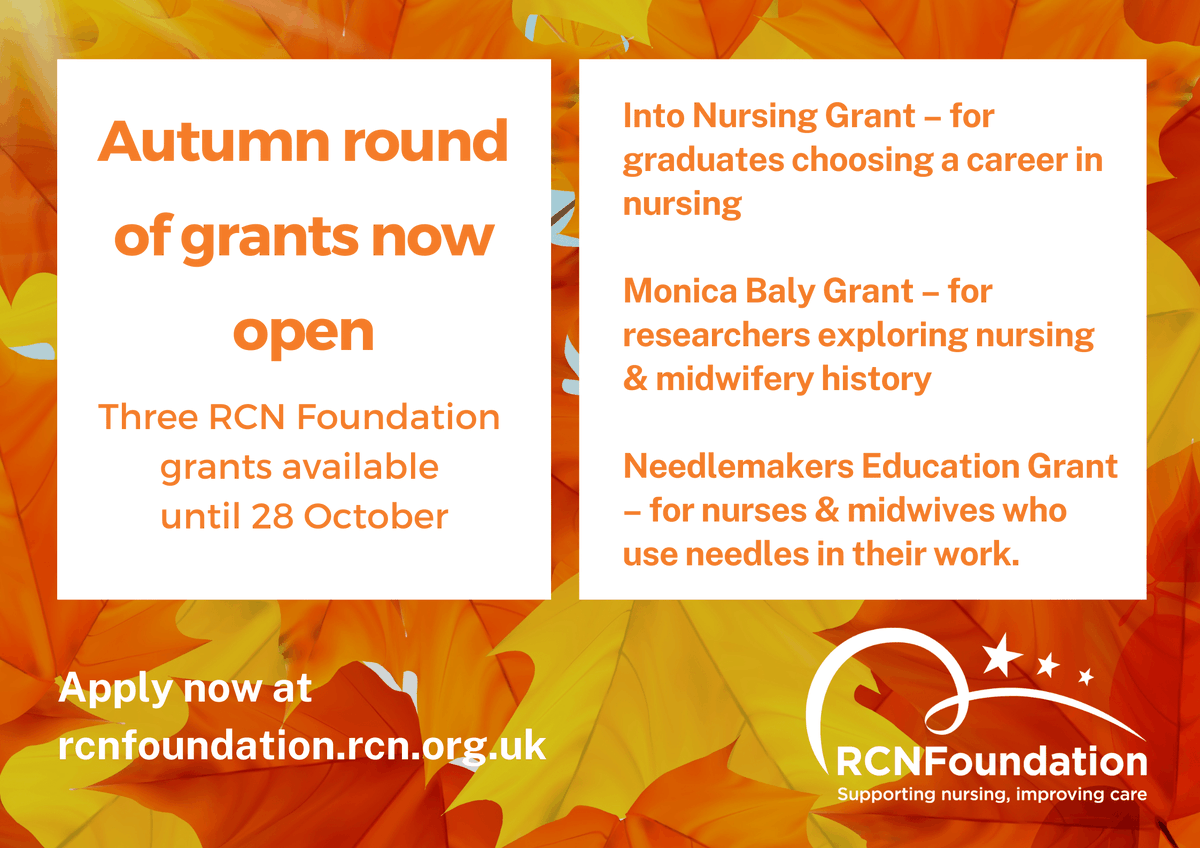 🚨 One week reminder! 🚨 our autumn grants round closes on Friday 28 October. Each of these 3 grants offers something different 🎓📚💉 Which one might help you take the next step in your #nursing, #midwifery or research career? Apply: rcnfoundation.rcn.org.uk/Apply-For-Fund…