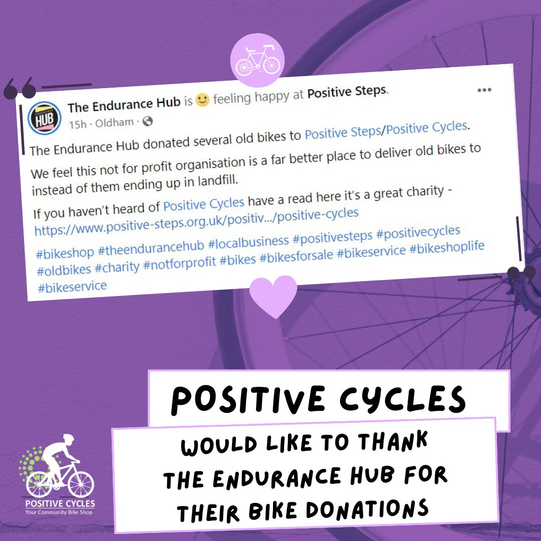 PositiveSteps's tweet photo. We want to thank The Endurance Hub bike shop in Rochdale for donating to our Positive Cycles initiative this week - We appreciate the community love on this #Feelgoodfriday! ππ
#Positivecycles #PositiveSteps #Community https://t.co/50JqWFt6Gv