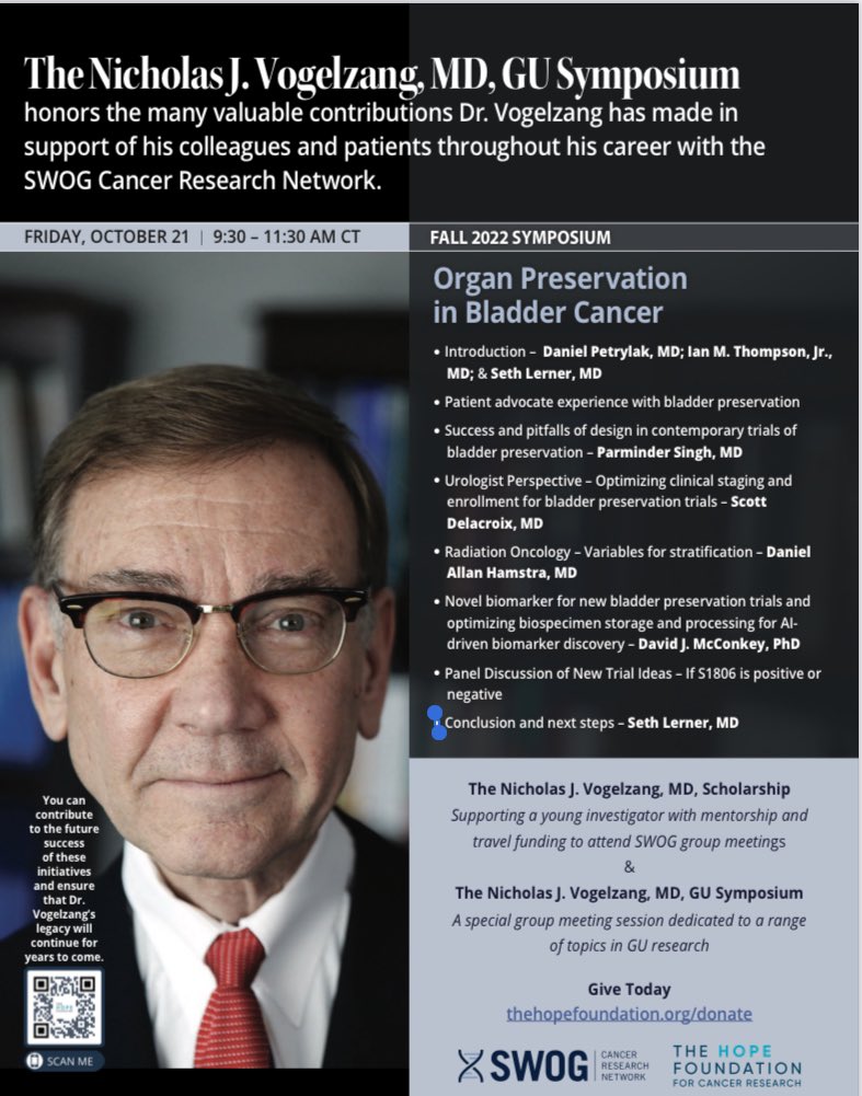 Hope to see many of you this AM at this @SWOG symposium dedicated to our dear friend/mentor/colleague #NickVogelzang. It was @theNCI cooperative group mtgs that brought us together; through them his legacy will live on. @DanielPetrylak @ndenduluri1 @neerajaiims @DrVaishampayan