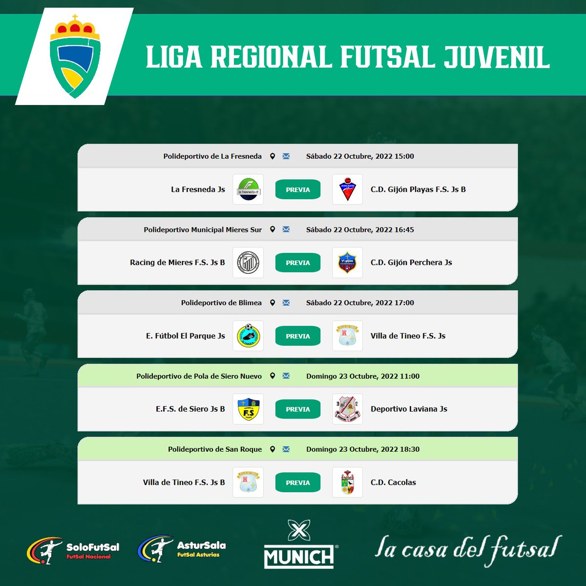astursala's tweet photo. 🟢 LIGA REGIONAL ASTURIAS  JUVENIL 
📆 1ª JORNADA /⏰ HORARIOS

✍️  @percherafs @gijonplayasfs @racingmieresFS @villadetineofs @lafresnedacf @Dep_Laviana_FS @efs_siero #cdcacolas @Planta_14 #ElParque @laesperanzacf 

📎https://t.co/rs8hMQibPe

#FutSal | #FutSalJUV | #AsturSala https://t.co/AwRYg3MX9v