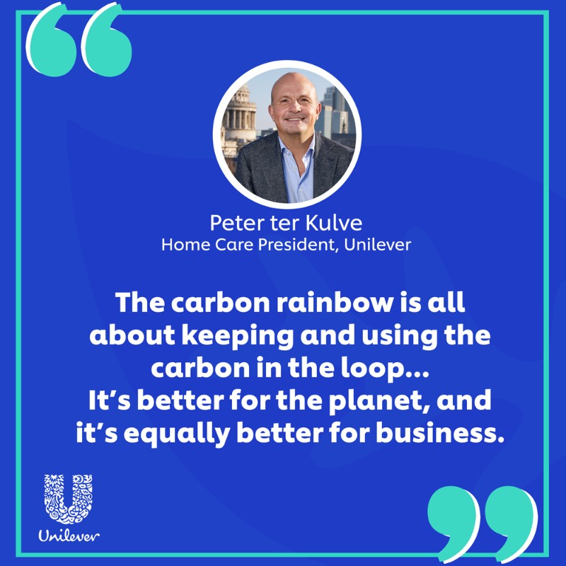 Unilever's tweet photo. Our need for carbon is not going away. 

But our dependence on fossil fuels needs to go. 

That’s why at Unilever we are exploring alternative carbon from renewable and recycled sources. 

Find out more about the Carbon Rainbow in @tbt_magazine.

#OurCleanFuture