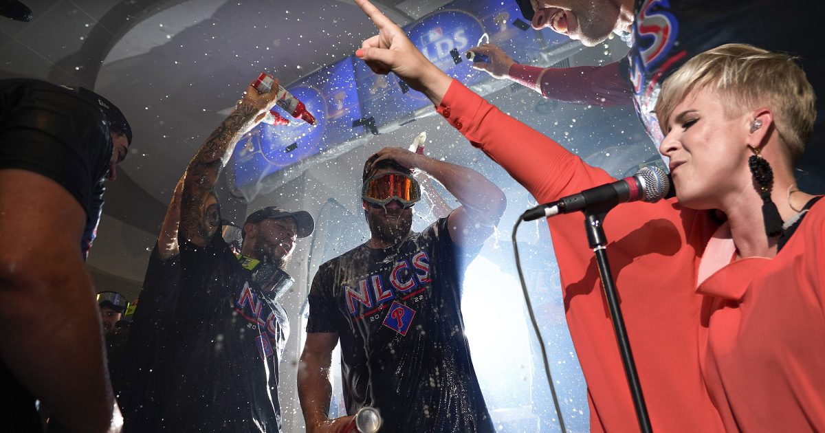billy_penn's tweet photo. Fans are loving the Phillies' playoff anthem, except that it's the wrong version of 'Dancing on My Own' https://t.co/gn9NH0kez1 https://t.co/Zms90pqQxt