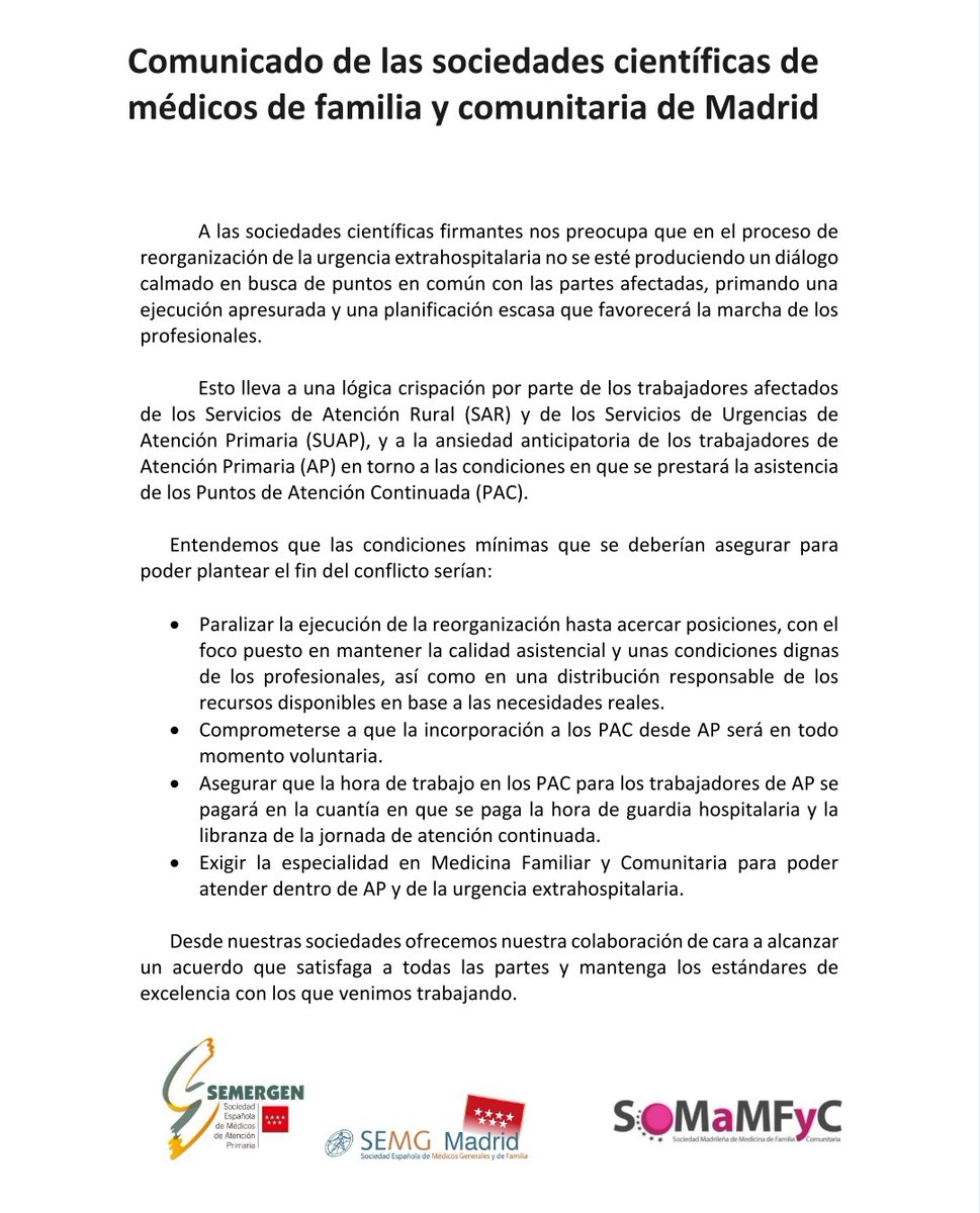 jezquerra57's tweet photo. Se cierra el círculo y ya están todos posicionados contra el modelo de apertura de los SAR, SUAP, luego llamados PAC y ahora Centro Sanitario 24 horas, NO NEGOCIADO, IMPUESTO, QUE NO RESPETA DERECHOS LABORALES Y AFECTA A TODA LA ATENCIÓN PRIMARIA. Presidenta @IdiazAyuso, así NO. https://t.co/TyUyMJmcW9
