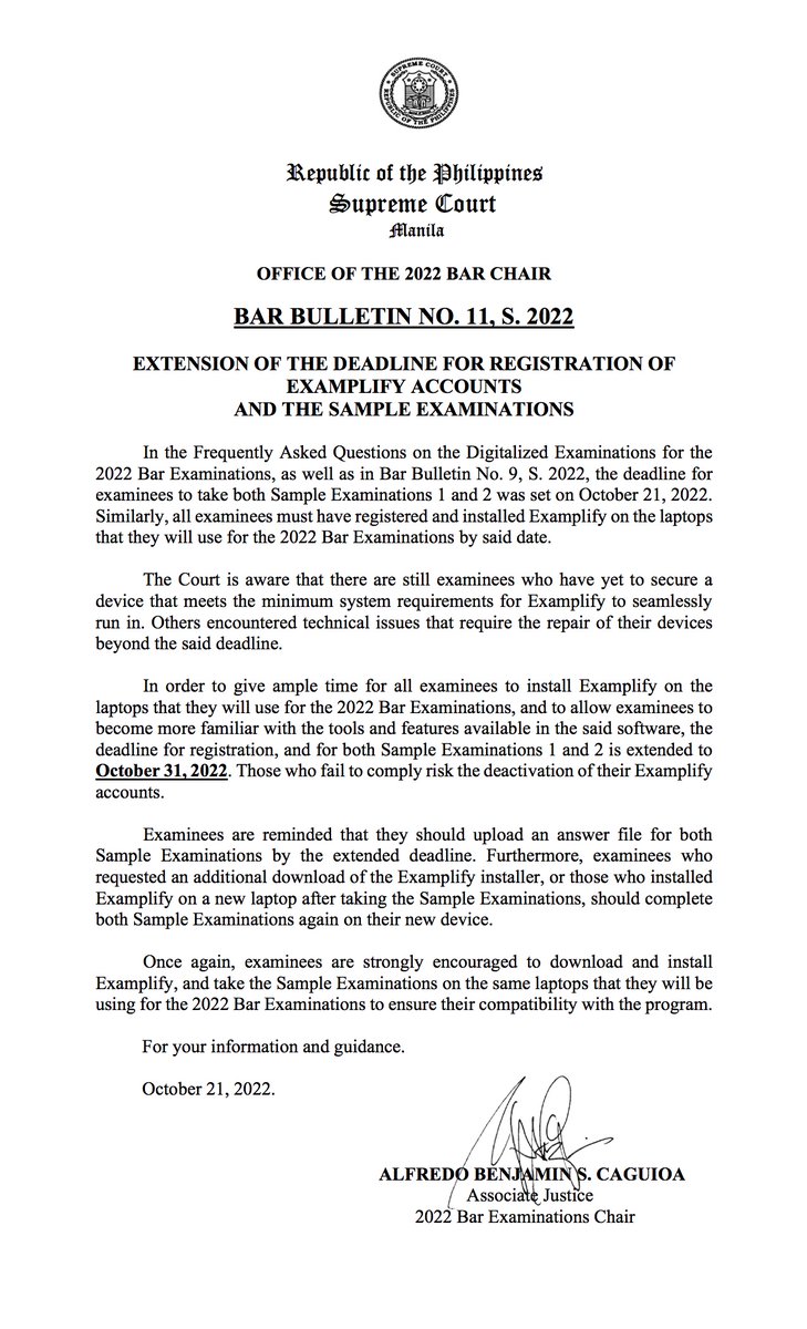 SCPh_PIO's tweet photo. READ: BAR BULLETIN NO. 11, S. 2022, EXTENSION OF THE DEADLINE FOR REGISTRATION OF EXAMPLIFY ACCOUNTS AND THE SAMPLE EXAMINATIONS #Bar2022 #GetThatBar2022
https://t.co/8DpPLYIas4 https://t.co/GsAqaZqHyX
