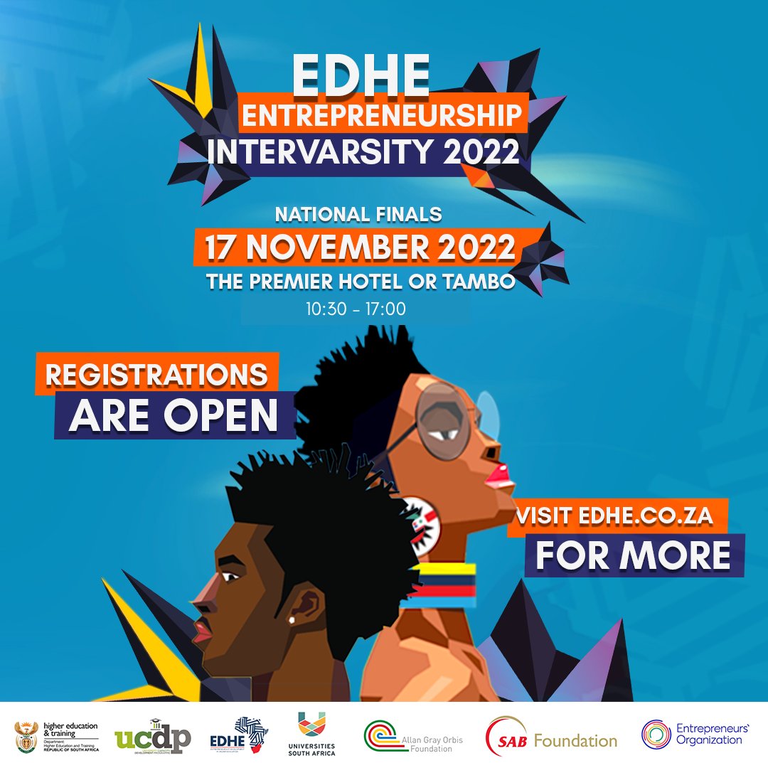 EDHEOffical's tweet photo. Registrations are open for the national EDHE Entrepreneurship Intervarsity finals being held on the 17th of November 2022 in Johannesburg. π
#EDHE #EntrepreneurshipIntervarsity2022 #MoveToMarket #Entrepreneurship #StudentEntrepreneur #Studentpreneur (1/3) https://t.co/n2UQbXxnl0