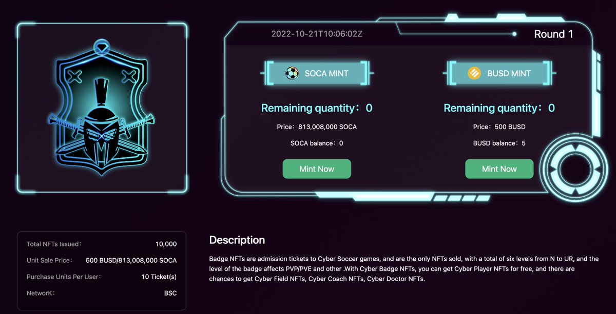 CAN'T WAIT ANY LONGER!!

500 more badge NFT will be on sales on 12pm UTC 21th.

The $COCA used for forging player NFT upgrades will be burnt directly. The sales with $soca today will be burnt to dead address directly!!

Purchase link: cyber.socaverse.io/#/subscription