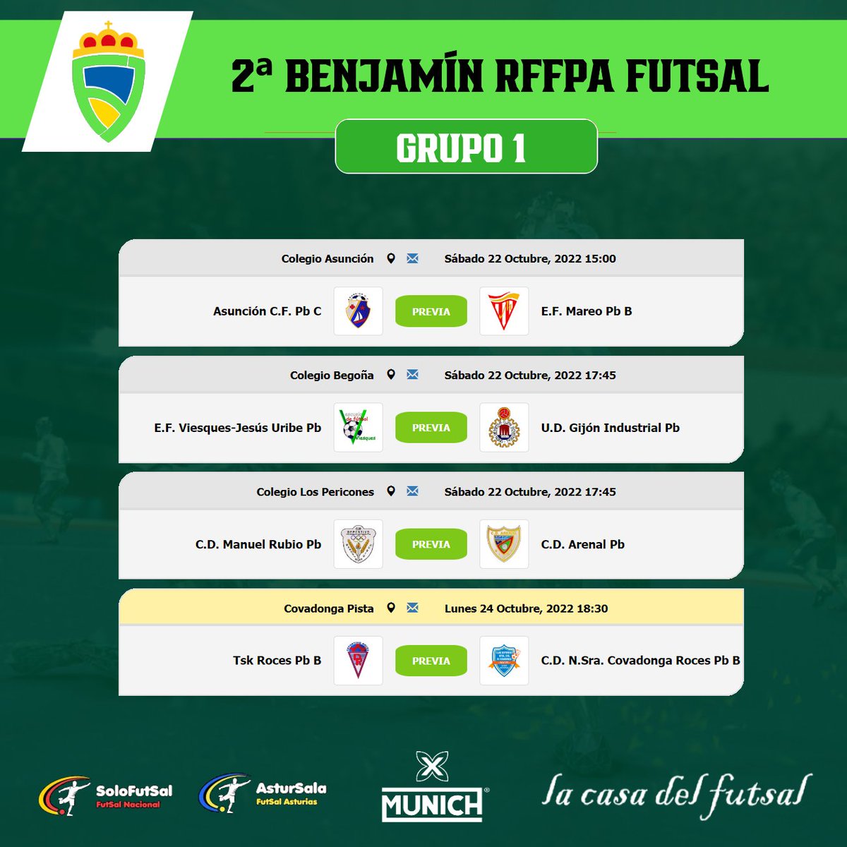 astursala's tweet photo. 🟢2⃣ PRE-BENJAMÍN RFFPA FUTSAL
🏆 GRUPO 1⃣y2⃣ / 📆 5ª JORNADA / ⏰ HORARIOS

📎https://t.co/GISwckUeM7
📎https://t.co/lTU6M8CQwd

#FutSal | #AstsurSala | https://t.co/HU145y9t7S