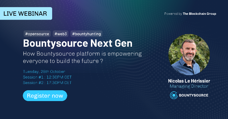 Bountysource's tweet photo. Hello @Bountysource community!

Questions about Bountysource? 😇
Ask Nicolas during the webinar, Tuesday the 25th! 📅

Agenda :
· Achievements
· New Trends
· Announcements