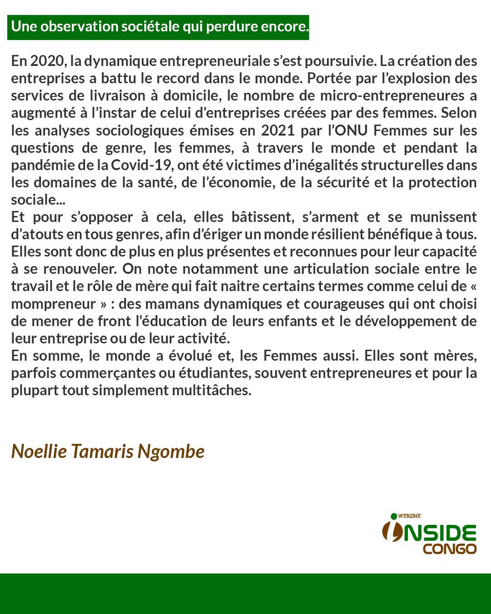 InsideCongo242's tweet photo. Société
Héroïnes des temps modernes
Noellie Tamaris Ngombe
#inside #brazzaville #webzine #insidecongo242 #insidecongo #congobrazzaville #congobrazzaville242🇨🇬 #congobrazzaville🇨🇬 https://t.co/by0l9YSIey