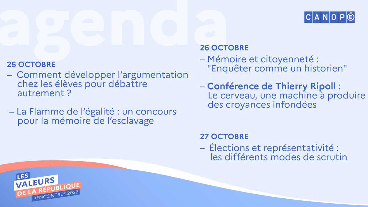🔔 Voici l'agenda des webinaires &amp; conférences #RencontresVDLR de la semaine prochaine !
Cette 2️⃣ème édition se déroule jusqu'au 9/12, en distanciel.
🎯 Objectif ? Vous permettre de mieux « Comprendre, partager, incarner »  les valeurs républicaines.
👉 swll.to/gkhdiS
